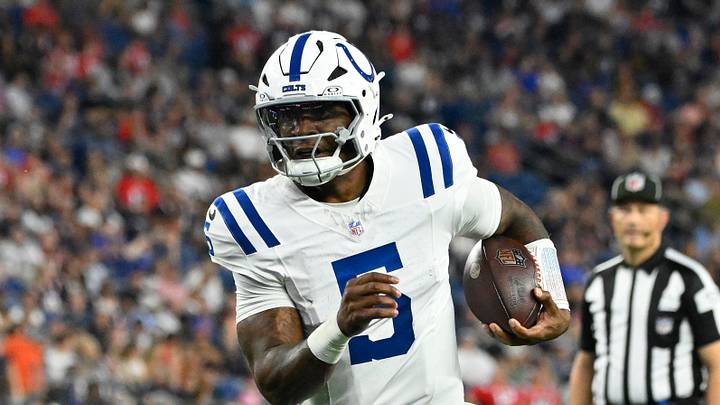 Aug 13, 2026; Foxborough, Massachusetts, USA; Indianapolis Colts quarterback Anthony Richardson Sr. (5) runs on the keeper during the first half against the New England Patriots at Gillette Stadium. Mandatory Credit: Eric Canha-Imagn Images