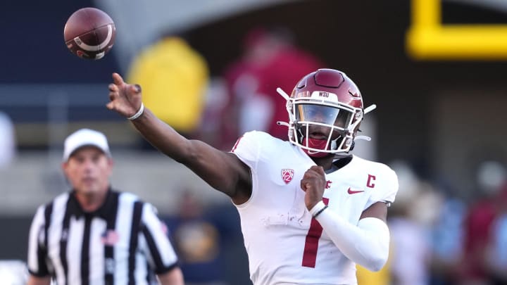 Nov 11, 2023; Berkeley, California, USA; Washington State Cougars quarterback Cameron Ward (1) throws a pass against the California Golden Bears during the fourth quarter at California Memorial Stadium. Mandatory Credit: Darren Yamashita-USA TODAY Sports