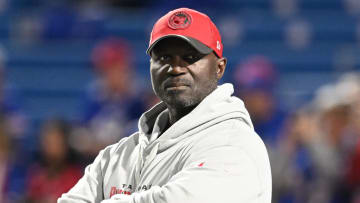 Oct 26, 2023; Orchard Park, New York, USA; Tampa Bay Buccaneers head coach Todd Bowles watches warm ups before a game against the Buffalo Bills at Highmark Stadium. Mandatory Credit: Mark Konezny-USA TODAY Sports