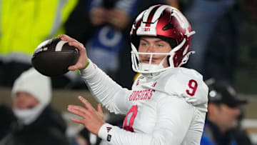Indiana Hoosiers quarterback Kurtis Rourke (9) warms up before the first-round game of the College Football Playoff.