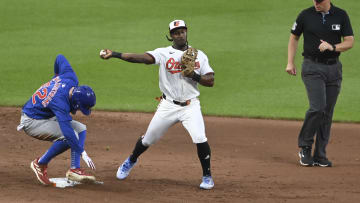Jul 11, 2024; Baltimore, Maryland, USA;  Baltimore Orioles second baseman Jorge Mateo (3) throws to first base after the putout of Chicago Cubs outfielder Pete Crow-Armstrong (52) at Oriole Park at Camden Yards.