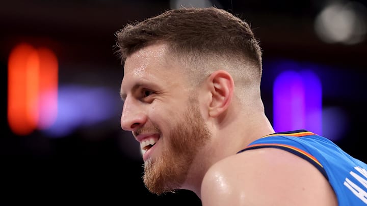 Jan 10, 2025; New York, New York, USA; Oklahoma City Thunder center Isaiah Hartenstein (55) reacts during the fourth quarter against the New York Knicks at Madison Square Garden. Mandatory Credit: Brad Penner-Imagn Images