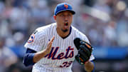 Jun 12, 2025; New York City, New York, USA; New York Mets relief pitcher Edwin Diaz (39) reacts after getting the final out of the game against the Washington Nationals at Citi Field. Mandatory Credit: Brad Penner-Imagn Images