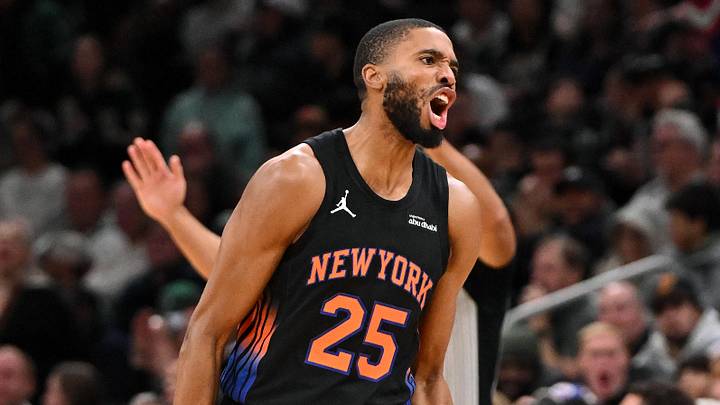 Dec 2, 2025; Boston, Massachusetts, USA; New York Knicks guard Mikal Bridges (25) reacts after making a three-point basket against the Boston Celtics during the second half at the TD Garden. Mandatory Credit: Brian Fluharty-Imagn Images