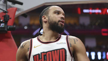 May 4, 2025; Houston, Texas, USA; Houston Rockets forward Dillon Brooks (9) reacts after a play during the fourth quarter of game seven of the first round for the 2025 NBA Playoffs against the Golden State Warriors at Toyota Center. Mandatory Credit: Troy Taormina-Imagn Images