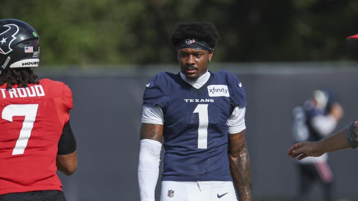 Jul 29, 2024; Houston, TX, USA; Houston Texans wide receiver Stefon Diggs (1) during training camp at Houston Methodist Training Center. Mandatory Credit: Troy Taormina-USA TODAY Sports