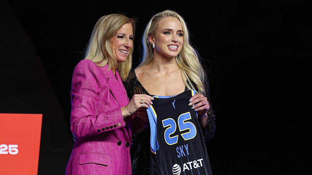Apr 14, 2025; New York, New York, USA;  Hailey Van Lith poses with WNBA commissioner Cathy Engelbert after being selected with the number eleven overall pick to the Chicago Sky in the 2025 WNBA Draft at The Shed at Hudson Yards. Mandatory Credit: Vincent Carchietta-Imagn Images