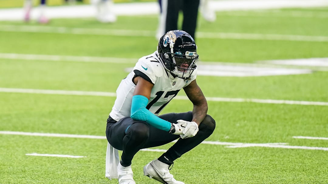 Dec 6, 2020; Minneapolis, Minnesota, USA; Jacksonville Jaguars wide receiver D.J. Chark (17) reacts following a turnover during the third quarter against the Minnesota Vikings at U.S. Bank Stadium. Mandatory Credit: Brace Hemmelgarn-Imagn Images