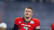 Dec 26, 2023; Phoenix, AZ, USA; UNLV Rebels linebacker Jackson Woodard (7) against the Kansas Jayhawks in the Guaranteed Rate Bowl at Chase Field. Mandatory Credit: Mark J. Rebilas-USA TODAY Sports
