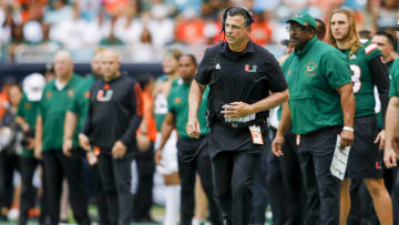 Oct 22, 2022; Miami Gardens, Florida, USA; Miami Hurricanes head coach Mario Cristobal runs on the sideline during the second quarter against the Duke Blue Devils at Hard Rock Stadium. Mandatory Credit: Sam Navarro-USA TODAY Sports