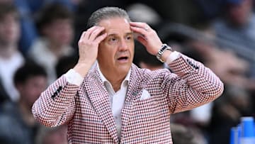 Mar 22, 2025; Providence, RI, USA; Arkansas Razorbacks head coach John Calipari during the first half of a second round men’s NCAA Tournament game against the St. John's Red Storm at Amica Mutual Pavilion. Mandatory Credit: Brian Fluharty-Imagn Images