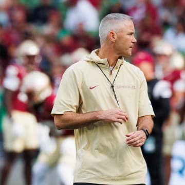 Aug 24, 2024; Dublin, IRL; Florida State University head coach Mike Norvell before the game against Georgia Tech at Aviva Stadium. Mandatory Credit: Tom Maher/INPHO via USA TODAY Sports