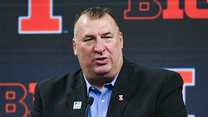 Jul 26, 2023; Indianapolis, IN, USA; Illinois Fighting Illini head coach Bret Bielema speaks to the media during Big 10 football media days at Lucas Oil Stadium. Mandatory Credit: Robert Goddin-Imagn Images Jul 26, 2023; Indianapolis, IN, USA; Illinois Fighting Illini head coach Bret Bielema speaks to the media during Big 10 football media days at Lucas Oil Stadium. Mandatory Credit: Robert Goddin-Imagn Images