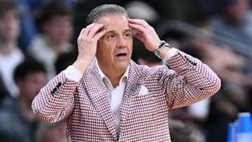 Mar 22, 2025; Providence, RI, USA; Arkansas Razorbacks head coach John Calipari during the first half of a second round men’s NCAA Tournament game against the St. John's Red Storm at Amica Mutual Pavilion. Mandatory Credit: Brian Fluharty-Imagn Images