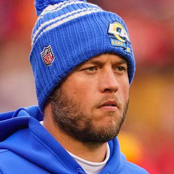 Nov 27, 2022; Kansas City, Missouri, USA; Los Angeles Rams quarterback Matthew Stafford (9) takes the field prior to a game against the Kansas City Chiefs at GEHA Field at Arrowhead Stadium. Mandatory Credit: Jay Biggerstaff-Imagn Images