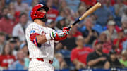 Sep 23, 2025; Philadelphia, Pennsylvania, USA; Philadelphia Phillies outfielder Kyle Schwarber (12) watches his home run during the first inning against the Miami Marlins at Citizens Bank Park. Mandatory Credit: Eric Hartline-Imagn Images