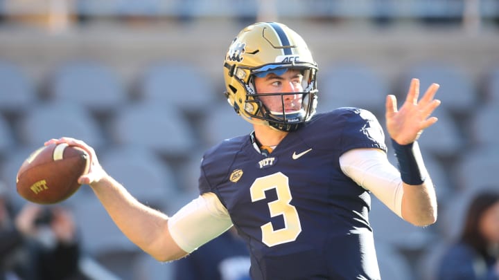 Nov 21, 2015; Pittsburgh, PA, USA; Pittsburgh Panthers quarterback Ben DiNucci (3) warms up before playing the Louisville Cardinals at Heinz Field. PITT won 45-34. Mandatory Credit: Charles LeClaire-USA TODAY Sports