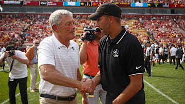 Iowa State head football coach Matt Campbell, right, shakes hands with Iowa head football coach Kirk Ferentz prior to kickoff at Jack Trice Stadium in Ames on Saturday, Sept. 11, 2021.

20210911 Cyhawk