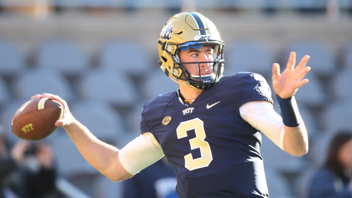 Nov 21, 2015; Pittsburgh, PA, USA; Pittsburgh Panthers quarterback Ben DiNucci (3) warms up before playing the Louisville Cardinals at Heinz Field. PITT won 45-34. Mandatory Credit: Charles LeClaire-USA TODAY Sports