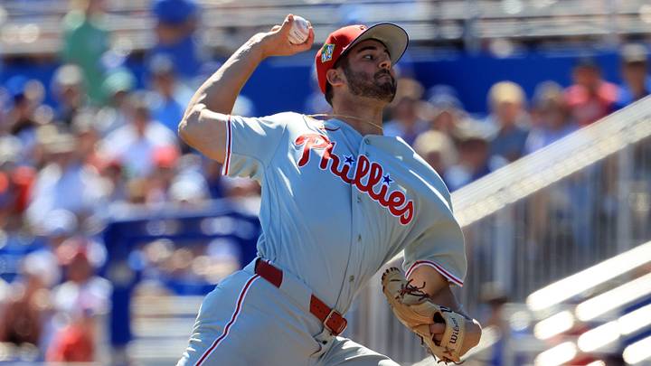 Feb 21, 2026; Dunedin, Florida, USA; Philadelphia Phillies pitcher Max Lazar (60) throws a pitch during the fourth inning against the Toronto Blue Jays at TD Ballpark.