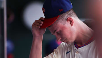 Jul 2, 2025; Philadelphia, Pennsylvania, USA; Philadelphia Phillies pitcher Mick Abel (40) in the dugout after being relieved during the second inning against the San Diego Padres at Citizens Bank Park.