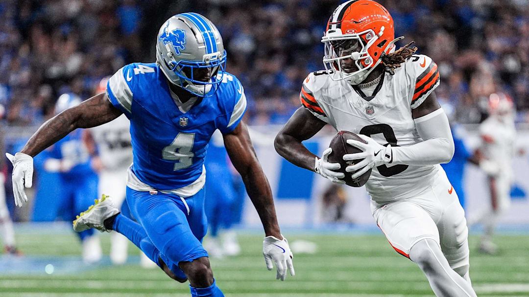 Cleveland Browns wide receiver Jerry Jeudy (3) makes a catch against Detroit Lions cornerback D.J. Reed (4) during the first half at Ford Field in Detroit on Sunday, Sept. 28, 2025.