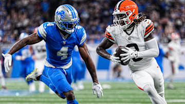Cleveland Browns wide receiver Jerry Jeudy (3) makes a catch against Detroit Lions cornerback D.J. Reed (4) during the first half at Ford Field in Detroit on Sunday, Sept. 28, 2025.