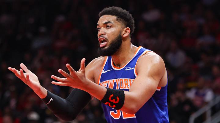 Apr 30, 2026; Atlanta, Georgia, USA; New York Knicks center Karl-Anthony Towns (32) reacts to a call against the Atlanta Hawks in the second quarter during game six of the first round of the 2026 NBA Playoffs at State Farm Arena. Mandatory Credit: Brett Davis-Imagn Images