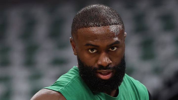 May 2, 2026; Boston, Massachusetts, USA; Boston Celtics guard Jaylen Brown (7) on the court before game seven of the first round of the 2026 NBA Playoffs against the Philadelphia 76ers at TD Garden. Mandatory Credit: Winslow Townson-Imagn Images