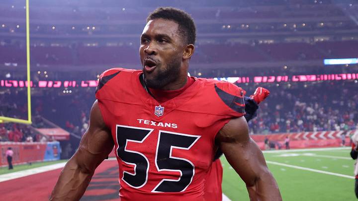 Nov 20, 2025; Houston, Texas, USA; Houston Texans defensive end Danielle Hunter (55) celebrates after defeating the Buffalo Bills at NRG Stadium. Mandatory Credit: Troy Taormina-Imagn Images
