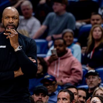 Orlando Magic head coach Jamahl Mosley looks on against the New Orleans Pelicans during the first half at Smoothie King Center.