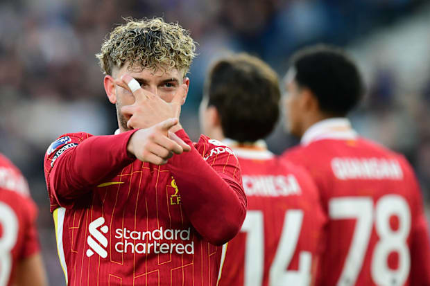 Harvey Elliott celebrating a goal for Liverpool against Brighton.