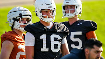 Texas Longhorns quarterback Arch Manning during his first practice of the spring season on Tuesday, March 25, 2025.