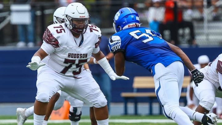 Hodgson Silver Eagles offensive linemen Isaiah Brown (75) in action during a regular season game between Hodgson and Howard Thursday, August. 29, 2024; at Abessinio Stadium in Wilmington, DE.