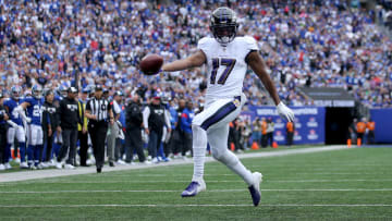 Baltimore Ravens running back Kenyan Drake dances into the end zone in their matchup vs. the New York Giants.