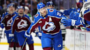 May 1, 2025; Denver, Colorado, USA; Colorado Avalanche center Nathan MacKinnon (29) celebrates his go ahead goal in the third period against the Dallas Stars in game six of the first round of the 2025 Stanley Cup Playoffs at Ball Arena. Mandatory Credit: Ron Chenoy-Imagn Images