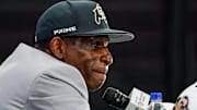 Colorado head coach Deion Sanders speaks with the media during 2025 Big 12 Football Media Days at The Star. 
