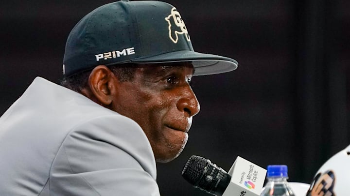 Colorado head coach Deion Sanders speaks with the media during 2025 Big 12 Football Media Days at The Star. Colorado head coach Deion Sanders speaks with the media during 2025 Big 12 Football Media Days at The Star.