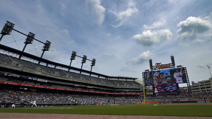 Aug 15, 2024; Detroit, Michigan, USA;  General view of Comerica Park during the fourth inning of a game between the Detroit Tigers and the Seattle Mariners. Mandatory Credit: Rick Osentoski-USA TODAY Sports