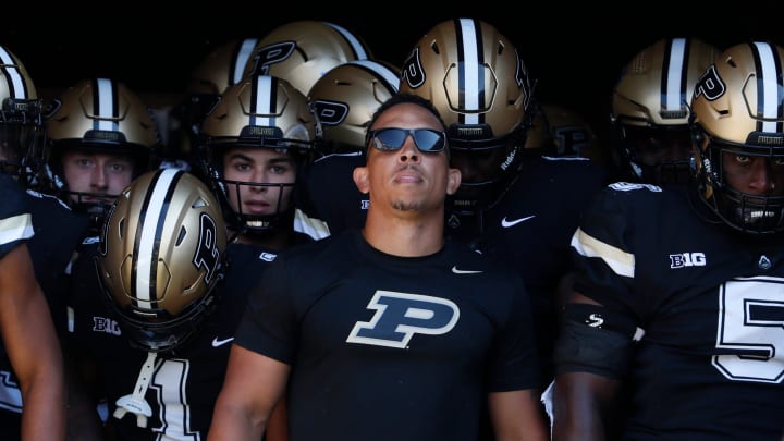 Purdue Boilermakers head coach Ryan Walters leads the Boilermakers onto the field 