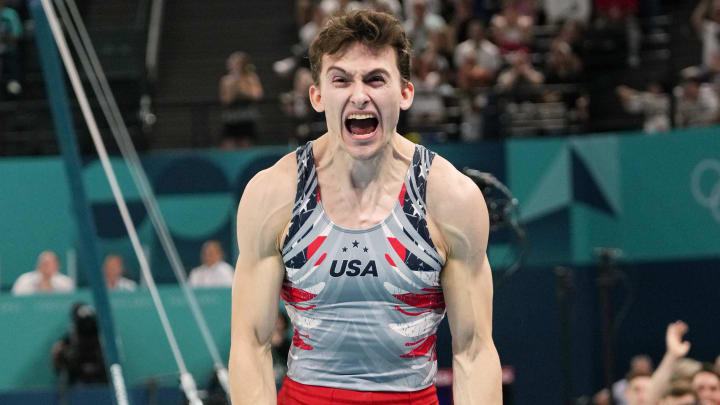 Jul 29, 2024; Paris, France; Stephen Nedoroscik reacts after he performs on the pommel horse during the men’s team final during the Paris 2024 Olympic Summer Games at Bercy Arena. 