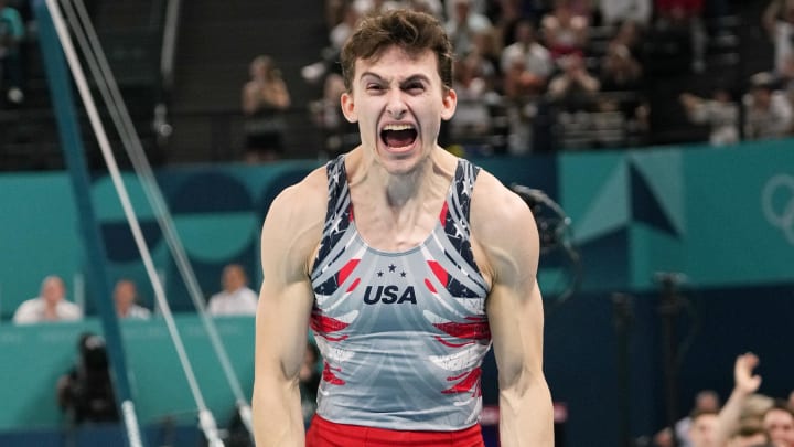 Stephen Nedoroscik reacts after he performs on the pommel horse during the men’s team final at the 2024 Paris Olympics. 