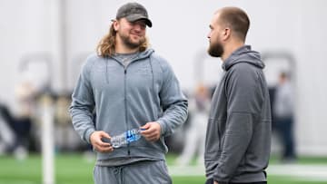 Former Penn State tight end Tyler Warren, left, talks with letterman Pat Freiermuth during Penn State's Pro Day in Holuba Hall. 