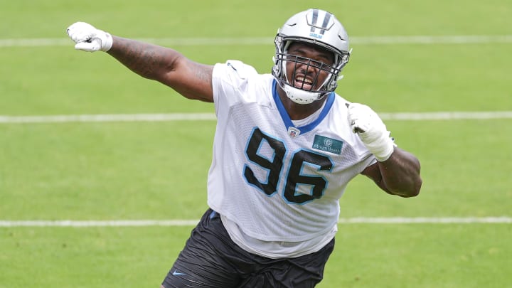 Jun 4, 2024; Charlotte, NC, USA; Carolina Panthers defensive tackle Jaden Crumedy (96) runs an agility drill during OTAs. Mandatory Credit: Jim Dedmon-USA TODAY Sports