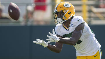 Aug 3, 2023; Green Bay, WI, USA; Green Bay Packers wide receiver Romeo Doubs (87) catches a pass during practice at Ray Nitschke Field. Mandatory Credit: Tork Mason/USA TODAY NETWORK-Wisconsin/Imagn Images
