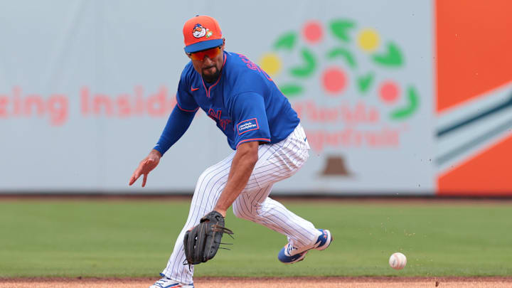 Mar 3, 2026; Port St. Lucie, FL, USA; New York Mets second baseman Marcus Semien (10) catches a ground ball to retire Nicaragua right fielder Ismael Munguia (not pictured) during the first inning at Clover Park. Mandatory Credit: Sam Navarro-Imagn Images