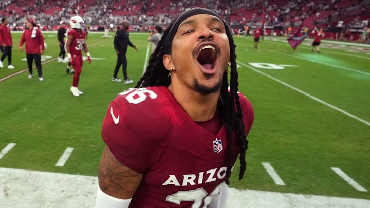 Arizona Cardinals safety Andre Chachere (36) celebrates their 28-16 win against the Dallas Cowboys at State Farm Stadium in Glendale on Sept. 24, 2023.