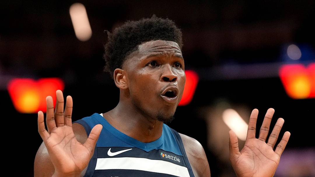 Minnesota Timberwolves guard Anthony Edwards (5) reacts after the Timberwolves were called for a foul against the Golden State Warriors in the fourth quarter at the Chase Center on Mar 13, 2026.