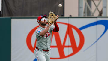 Feb 22, 2025; Lakeland, Florida, USA; Philadelphia Phillies outfielder Cal Stevenson (47) catches a fly ball during the first inning against the Detroit Tigers at Publix Field at Joker Marchant Stadium.