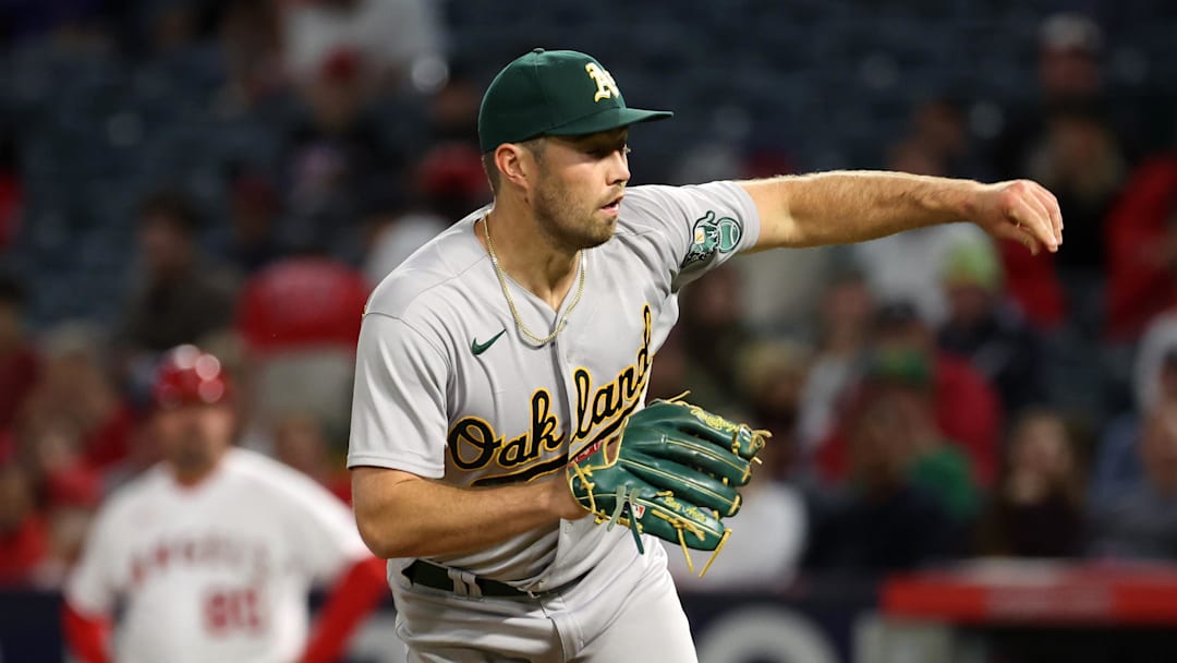 Sep 29, 2023; Anaheim, California, USA;  Oakland Athletics starting pitcher Ken Waldichuk (64) pitches during the second inning against the Los Angeles Angels at Angel Stadium. Mandatory Credit: Kiyoshi Mio-Imagn Images